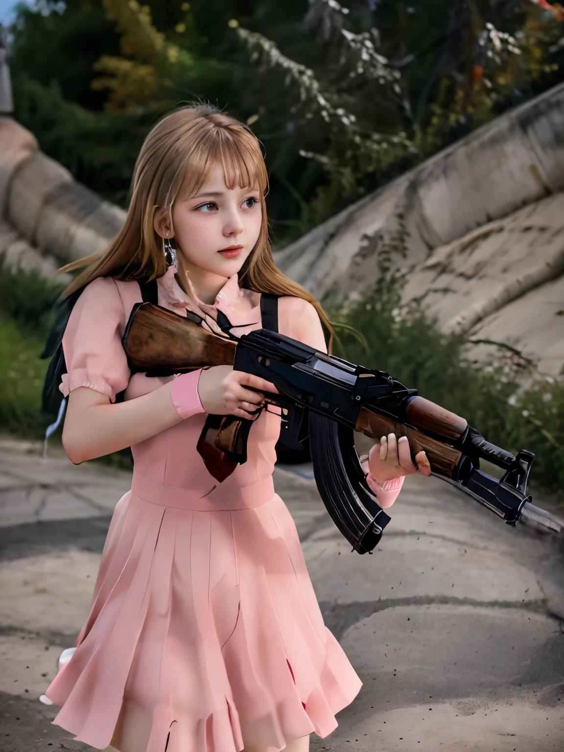 photo russian girl 18 age wearing pink dress firing from ak47rfs, ak47rfs, ak47rfs hands, ak47rfs shooting, in her hands, maximalist,dof, soviet era,