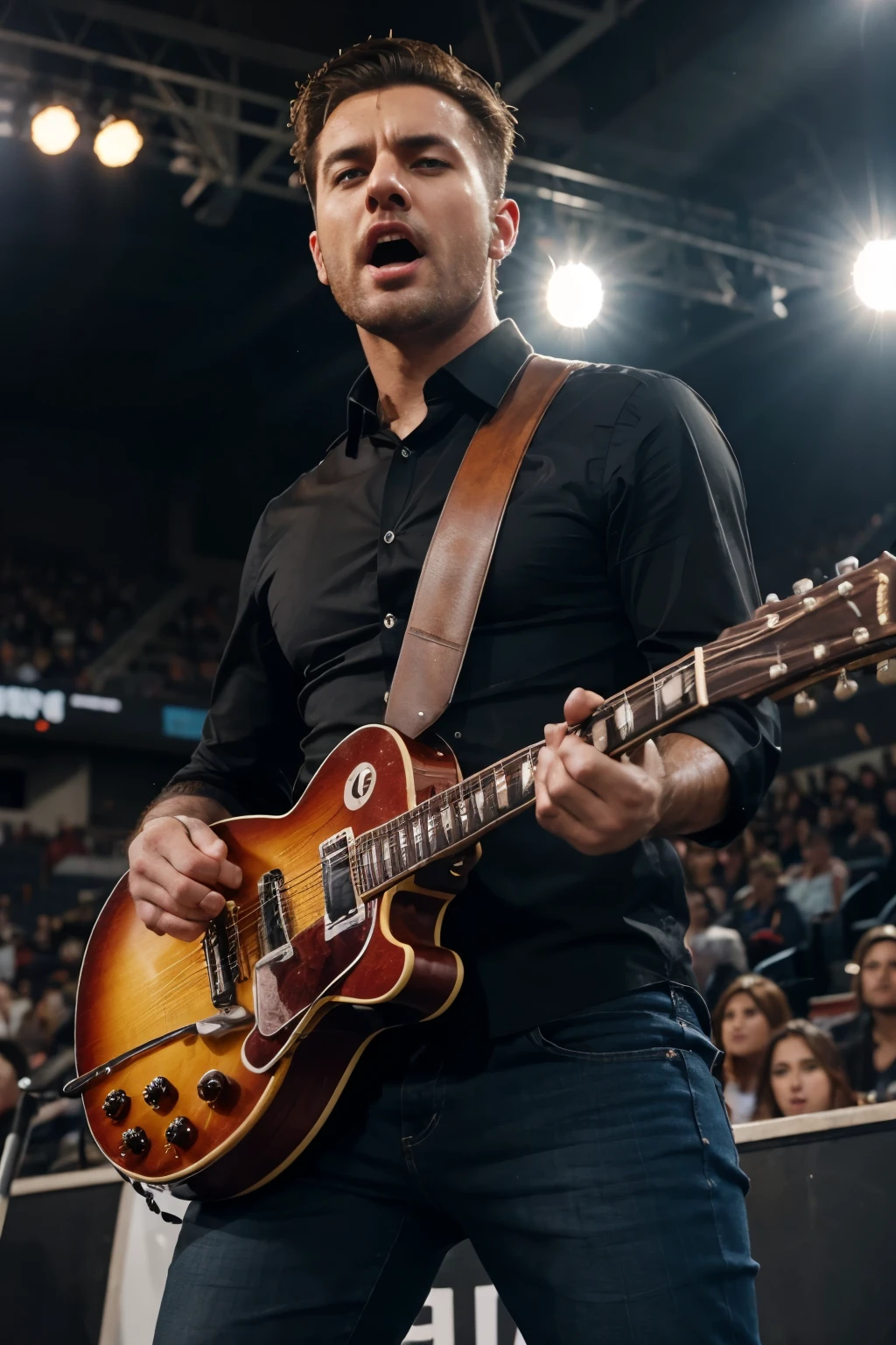 A handsome man On a stage doing a live concert in front of a large audience in a stadium playing gibson lespaul guitar making power stance and singing with an angry facial expression. Face Front Full bodyshot camera angle