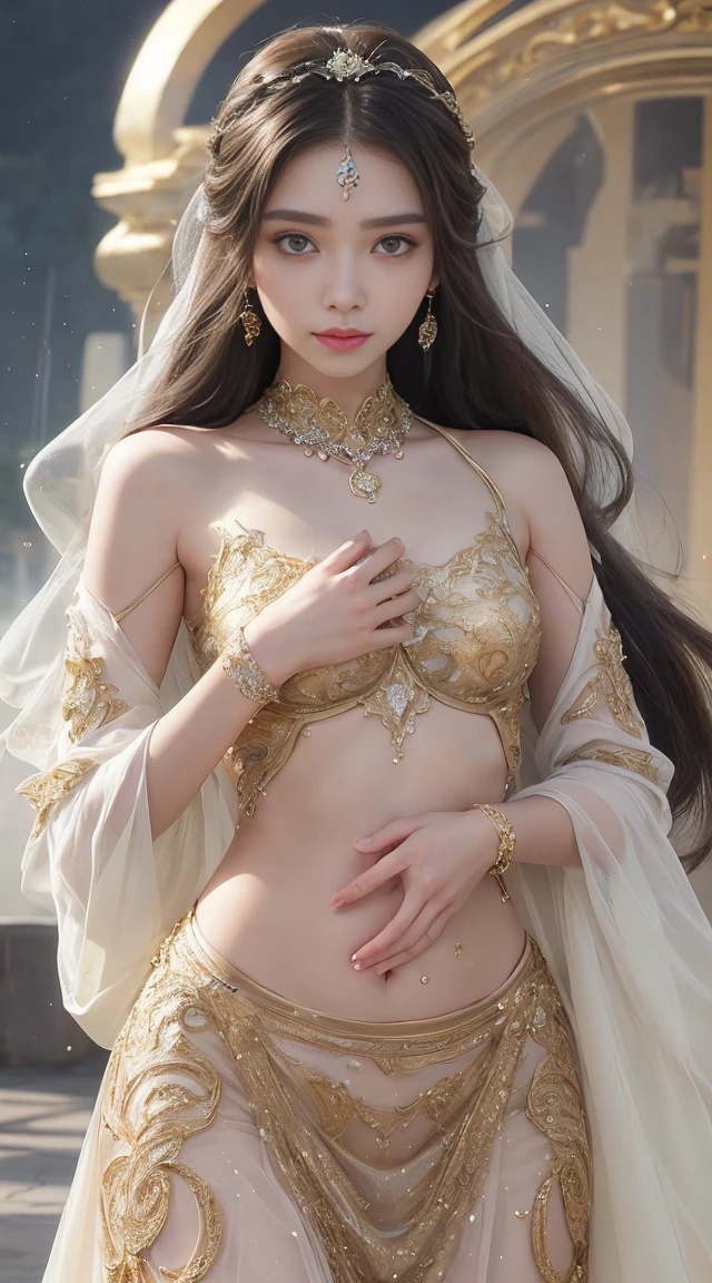 Create an image of a beautiful woman wearing sexy traditional Thai lingerie. She has a slender face, sharp eyes, long hair, an angled face, a high nose, thin lips, a chest size of 32 inches, a waist size of 24 inches, hips size 33 inches, her skin is bright and white. she has brown hair She has pink nipples Her body was slim and muscular like an athlete. And she was sitting with her legs spread open showing her very attractive genitals.