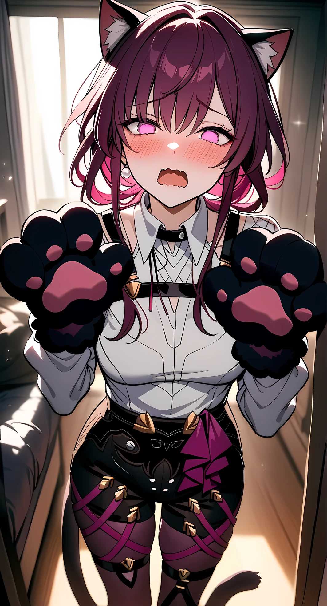 cinematic lighting, best quality, masterpiece, highres, detailed, perfect anatomy,kafka \(honkai: star rail\), cat ears, cat tail, paw gloves, paw pose, indoor, blushing, open mouth, wavy mouth
