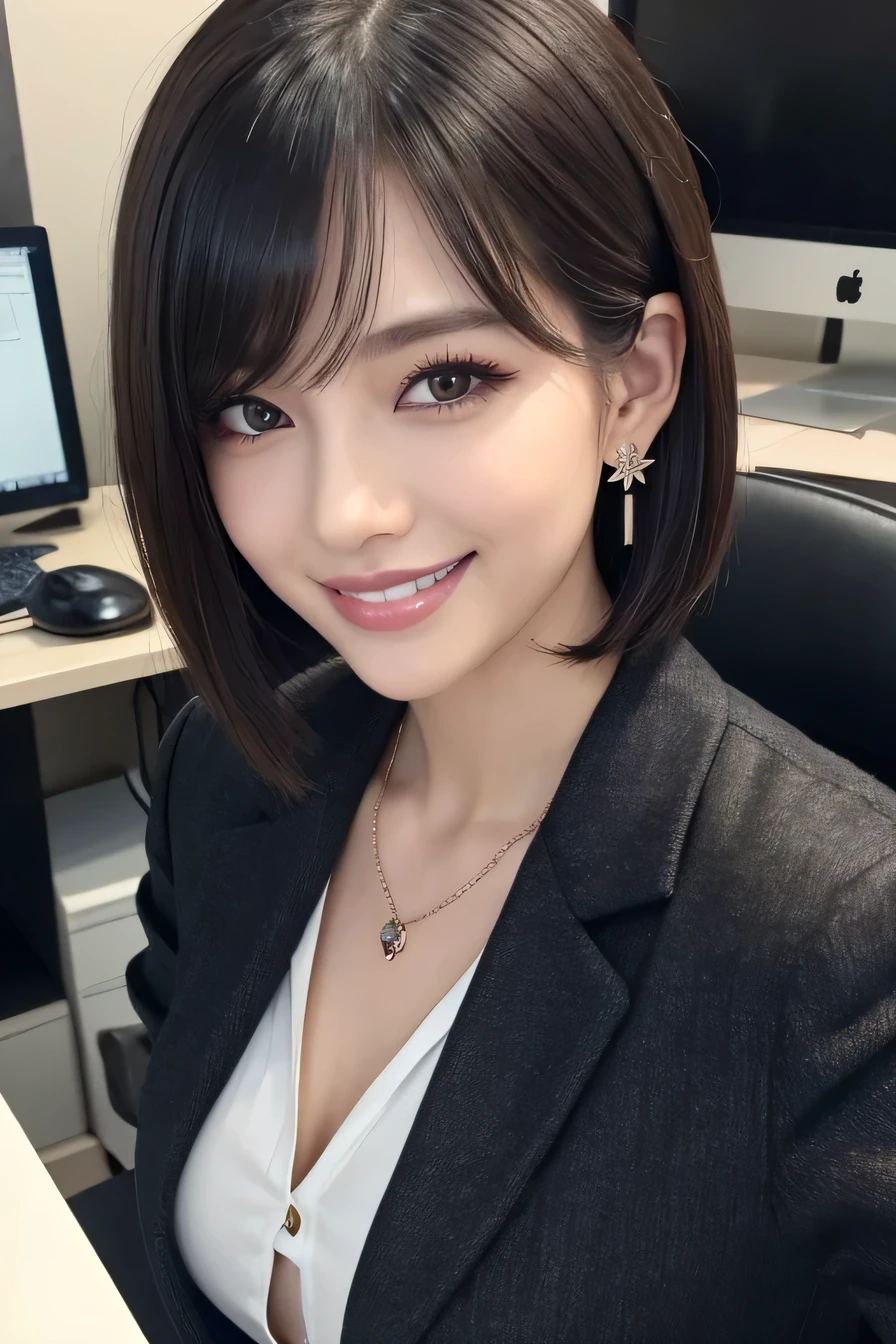 Beautiful young woman、 、Work in front of the computer、Necklace around the neck、Office Lady Suits、Jacket、Unbuttoned shirt、Flashy makeup、smile、Beautiful teeth alignment、short hair、Intricate details, Very detailed:1.2), 、 Looking into the camera,The background is the office、Necklace around the neck、Dark eyeliner、ear piercing

