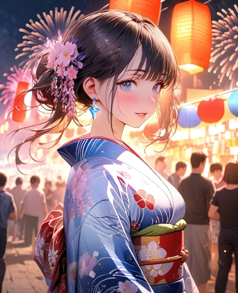 8K,japanese gal,an extremely delicate and beautiful,Beautiful and realistic skin,Shiny jewel-like earrings,glowing tattoo,Long colerful hair,blue eyes,whole body,Sparkly yukata,Summer festival,,night,Sparkling realistic fireworks
