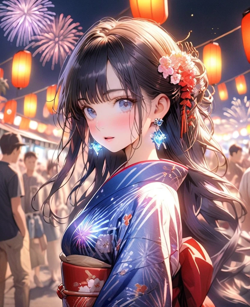 8K,japanese gal,an extremely delicate and beautiful,Beautiful and realistic skin,Shiny jewel-like earrings,glowing tattoo,Long colerful hair,blue eyes,whole body,Sparkly yukata,Summer festival,,night,Sparkling realistic fireworks