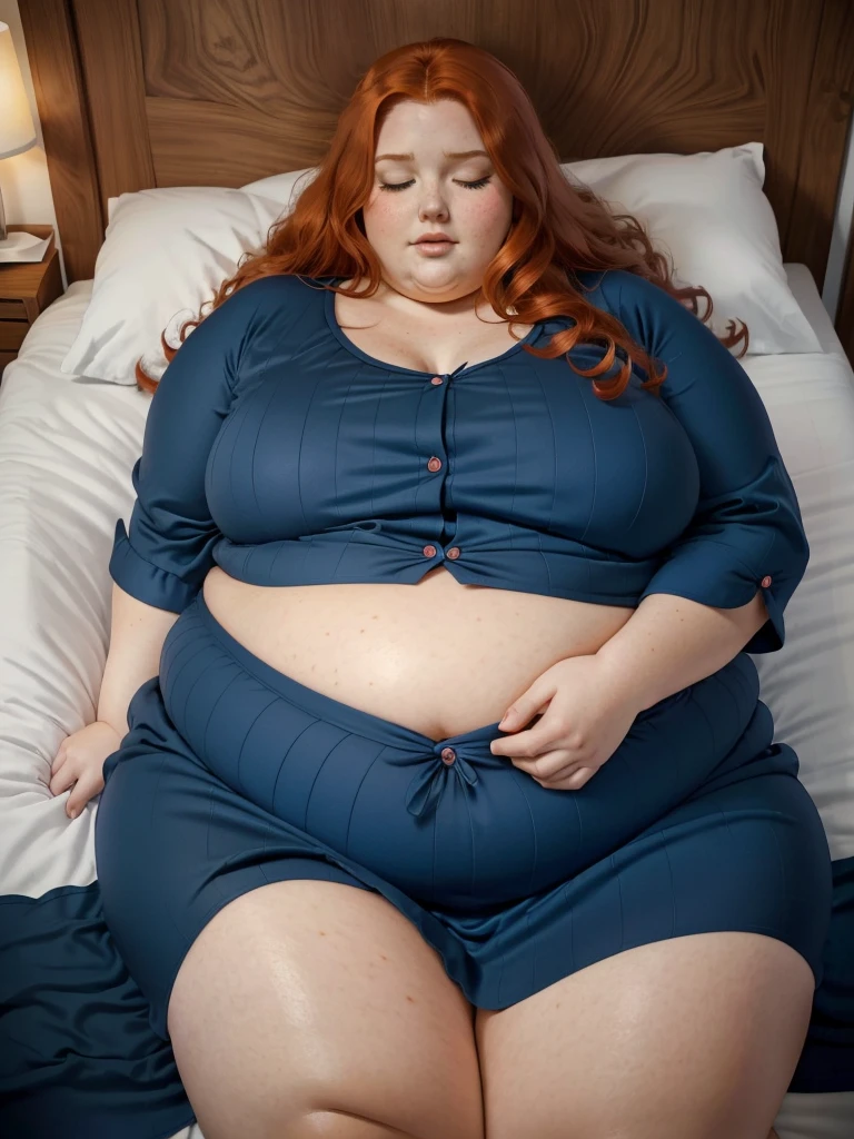 A sleeping photo of a young beautiful redhead bbw with long wavy ginger hair soft fat belly, wide fat obese hips, thick fat legs and fat arms, cute pretty face, small breasts, blue eyes, freckles, in a dark blue pijama dress laying and sleeping in a comfortable big double-bed with lot of pillows and blankets in a modern bedroom at dawn