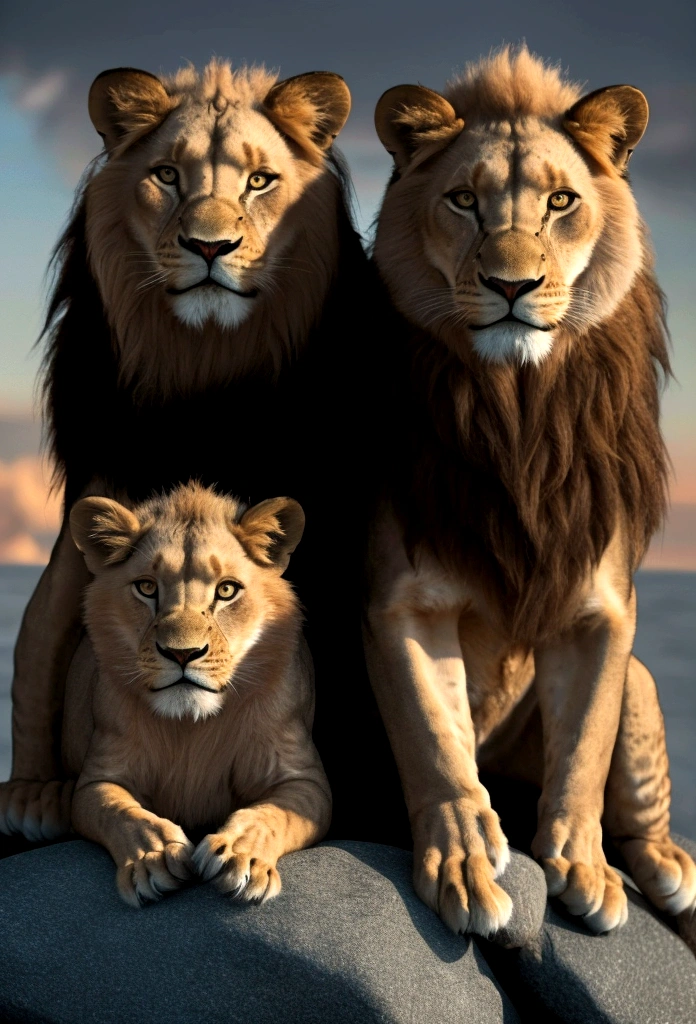 There are two Lions sitting on a rock with three Lions, Lions, the lion king, Family portrait, a happy family, in trend ,, high image quality, beautiful high resolution, a photo of a beautiful, husband wife and son, family photo, high quality photos, Stunning art, look proud, 4 thousand'', Director: Alexander Kucharsky, Director: Misha Klein