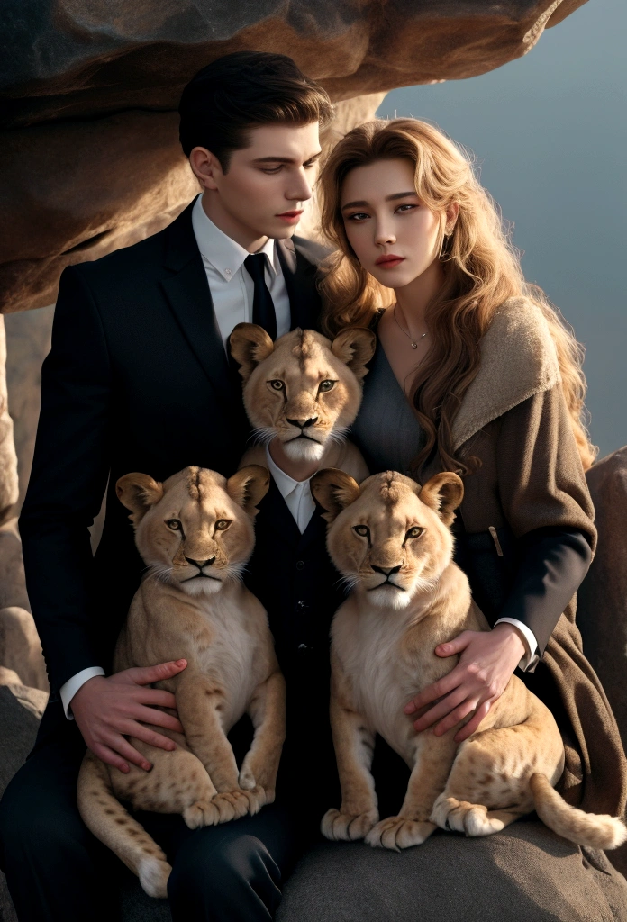 There are two Lions sitting on a rock with three  Lions, Lions, the lion king, Family portrait, a happy family, in trend ，, high image quality, beautiful high resolution, a photo of a beautiful, husband wife and son, family photo, high quality photos, Stunning art, look proud, 4 thousand&#39;&#39;, Director: Alexander Kucharsky, Director: Misha Klein