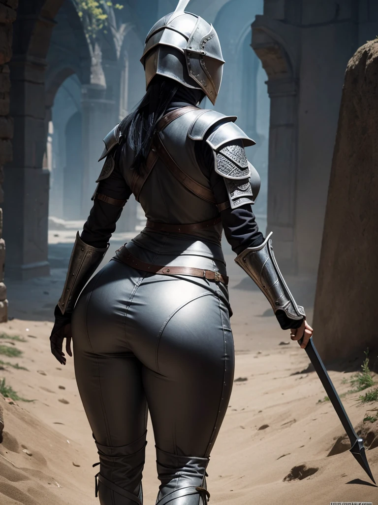 rpg character corpo inteiro, roupa medieval, armadura, woman, one woman, alone, sexy woman, curvy body, black hair, no helmet, big ass