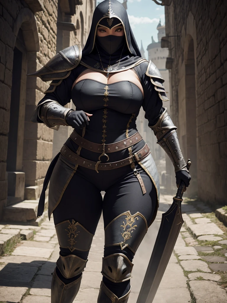 rpg character corpo inteiro, roupa medieval, armadura, woman, one woman, alone, sexy woman, curvy body, black hair, no helmet, big ass