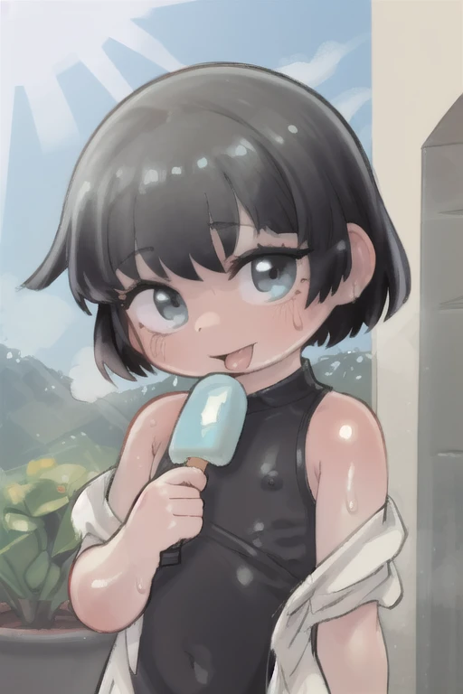 1girl, bangs, bob cut,black hair, short hair, sundress, sunlight,upper body, tanlines, sweat,looking at viewer, white dress, hand on own chest, popsicle, tongue out,
