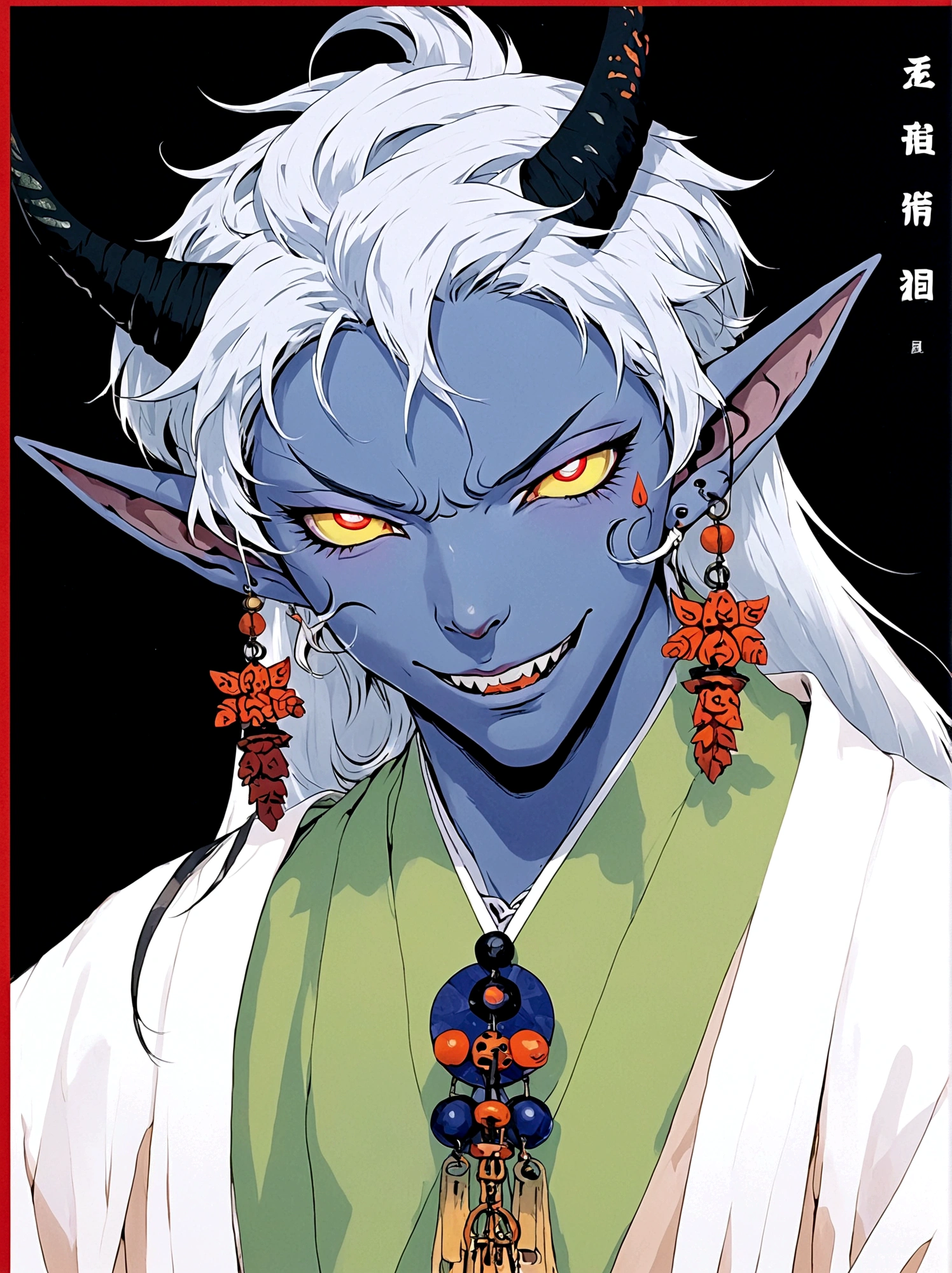 Blue Elf Boy，Horns on the head，Orange Eyes，earrings，White hair，Japanese horror style
