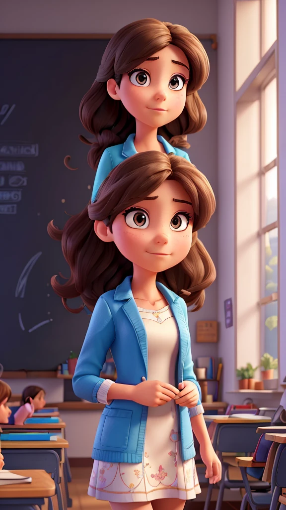 a female teacher standing in a classroom, detailed face and eyes, beautiful woman, elegant formal attire, thoughtful expression, chalk in hand, chalkboard behind, desks and chairs, sunlight through windows, warm lighting, highly detailed, photorealistic, 8k, masterpiece, ultra-detailed, sharp focus, vivid colors, professional painting