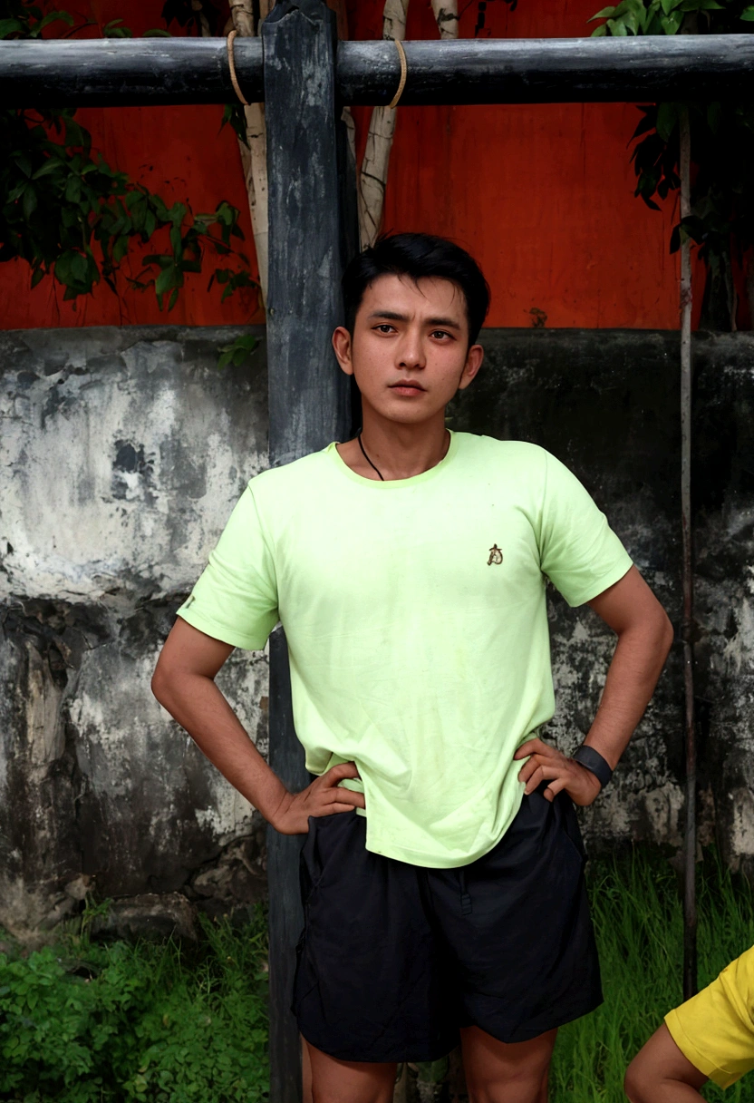 there is a man standing in front of a fence with his hands on his hips, ramil sunga, nivanh chanthara, mohamed chahin, mid shot portrait, johnatan wayshak, sweating, potrait, kakar cheung, protrait, profile shot, south east asian with round face, portait image, sweat
