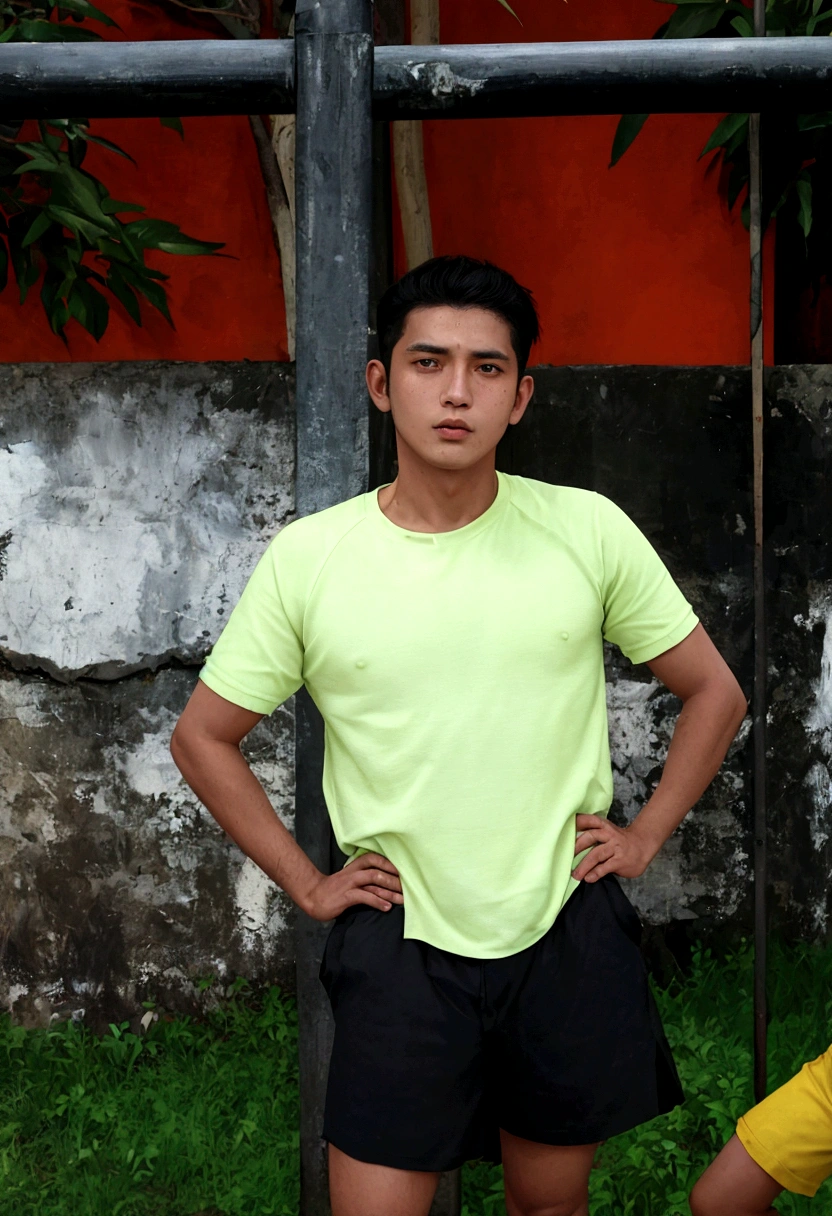 there is a man standing in front of a fence with his hands on his hips, ramil sunga, nivanh chanthara, mohamed chahin, mid shot portrait, johnatan wayshak, sweating, potrait, kakar cheung, protrait, profile shot, south east asian with round face, portait image, sweat