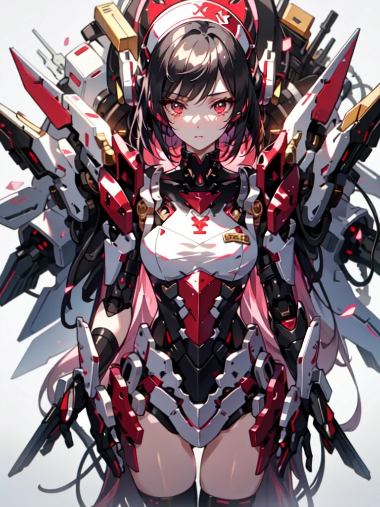 With machine gun, Yorime, Ahegaovery / Sexual Ecstasy), black hair, bob cut, black and red nurse uniform, straight hair, nurse costume, (masterpiece: 1.2, highest quality), (beautiful eyes of detail: 1.2), (detailed background, dark fantasy), (beautiful detailed face), high contrast, (best lighting, very delicate and beautiful), (( cinematic light)), colorful, hyper-detailed, dramatic light, intricate detail, pigeon toe