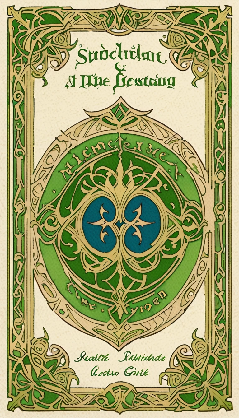 tarot card for a company logo, borders, tiled, text, script, sub-script, green, overly green, steely