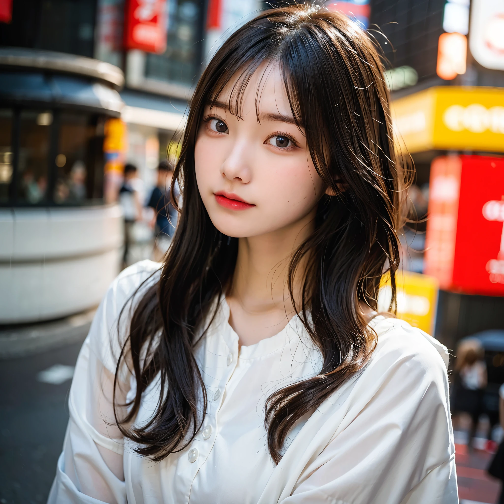 beautiful Japanese woman,double eyelid,clear skin,round face,long face,Swept bangs,in the tokyo,short by DSLR,Adoravle 18 years old,head shot,from front,long hair