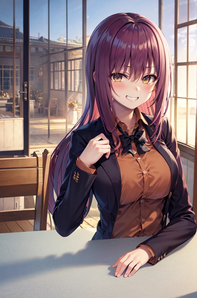 Masterpiece, best quality, highres, upper body, close up, detailed eyes, red hair, yellow eyes, long hair, blush, uniform, large breaast, ((hair down)), very long hair, grin, table, indoors, windows, sky