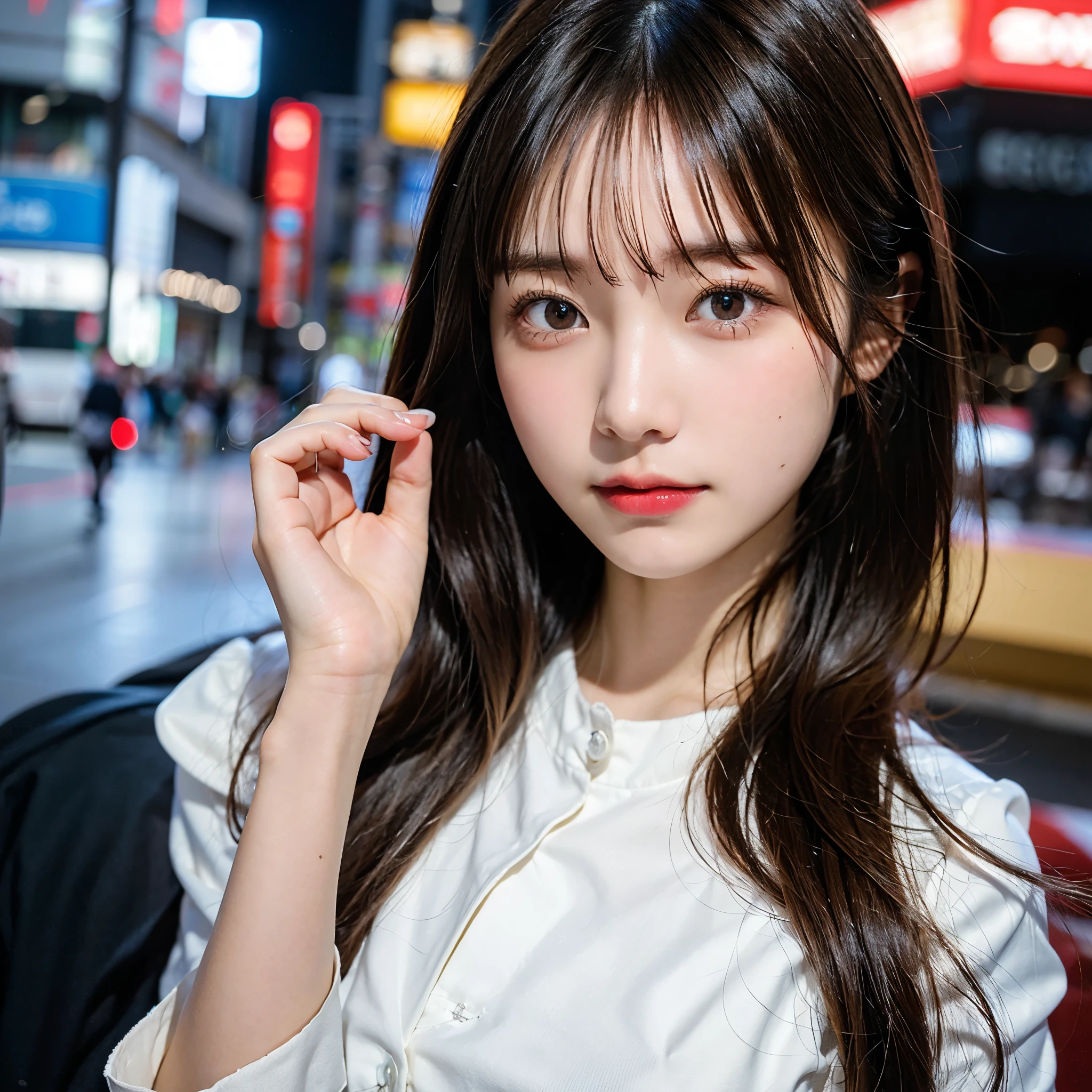 beautiful Japanese woman,double eyelid,clear skin,round face,long face,Swept bangs,in the tokyo,short by DSLR,Adoravle 18 years old,head shot,from front,long hair