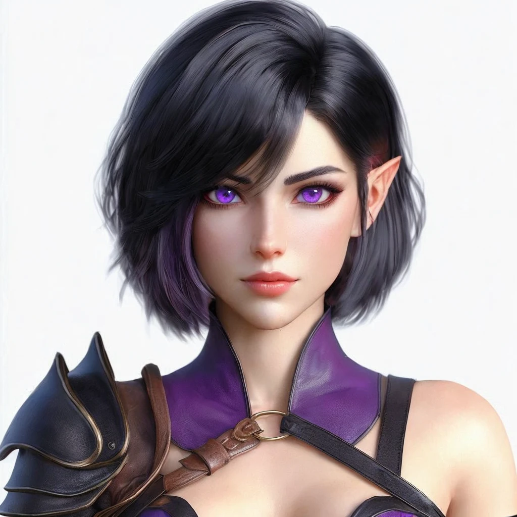 Make a female medieval fantasy role-playing character, make her hot, with attractive and discreet leather clothing, make her with sexy breasts a smooth skin, red eyes and beautiful black hair, make her with a leather shirt and leather pants.