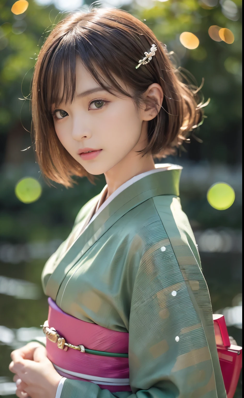 Cute 21 year old Japanese、Ultra-detailed face、An eye for detail、double eyelid、Beautiful thin nose、Sharp Focus:1.2、Beauty:1.4、(Light brown hair、short hair、Highest quality、illumination、Impressive、Ultra-high resolution、(Photorealistic:1.4)、Cute spring clothes、(Color Kimono:1.4),Colorful kimonos、
BREAK
(River:1.3),(Outdoors:1.4),(midnight:1.4),(total darkness:1.5),(Very small green light:1.6),
(Numerous very small green lights floating in the sky:1.5),