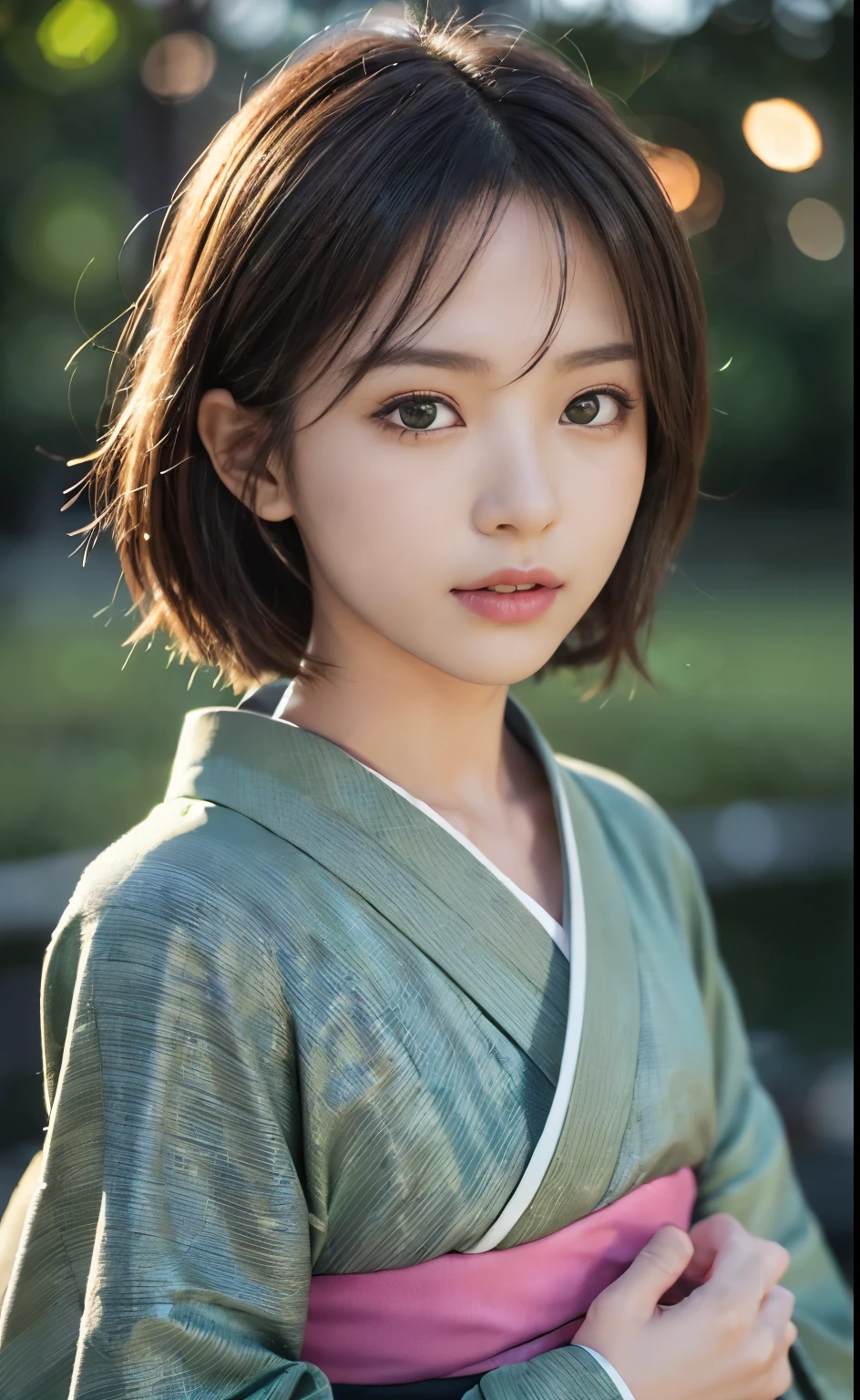 Cute 21 year old Japanese、Ultra-detailed face、An eye for detail、double eyelid、Beautiful thin nose、Sharp Focus:1.2、Beauty:1.4、(Light brown hair、short hair、Highest quality、illumination、Impressive、Ultra-high resolution、(Photorealistic:1.4)、Cute spring clothes、(Color Kimono:1.4),Colorful kimonos、
BREAK
(River:1.3),(Outdoors:1.4),(midnight:1.4),(total darkness:1.5),(Very small green light:1.6),
(Numerous very small green lights floating in the sky:1.5),