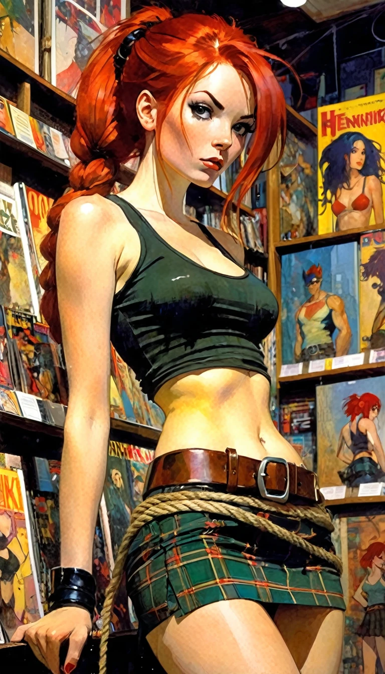girl with red hair, long braided hair, plaid miniskirt, rope belt, tight tank top, pronounced nipples, in a comic book store (art inspired by Bill Sienkiewicz ). oil painting)
