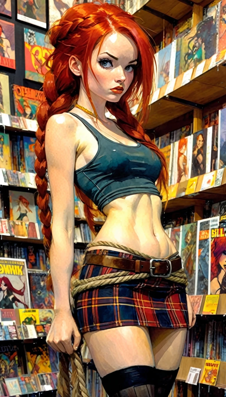 girl with red hair, long braided hair, plaid miniskirt, rope belt, tight tank top, pronounced nipples, in a comic book store (art inspired by Bill Sienkiewicz ). oil painting)