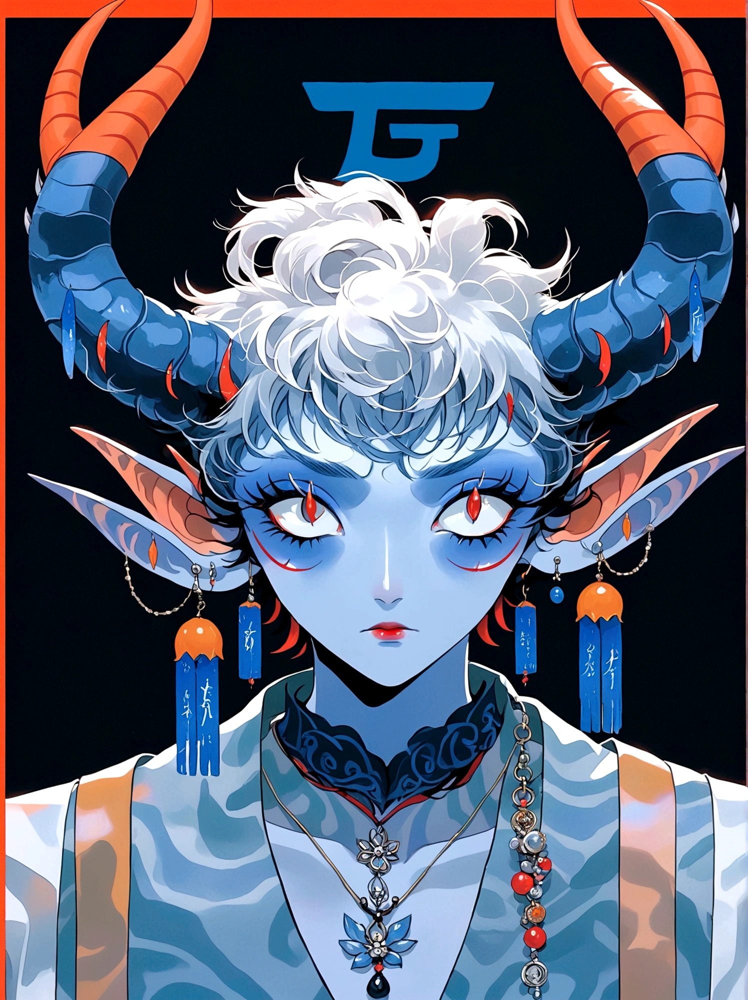 blue and orange，Elf Boy，With horns，earrings，Orange Eyes，Japanese horror style