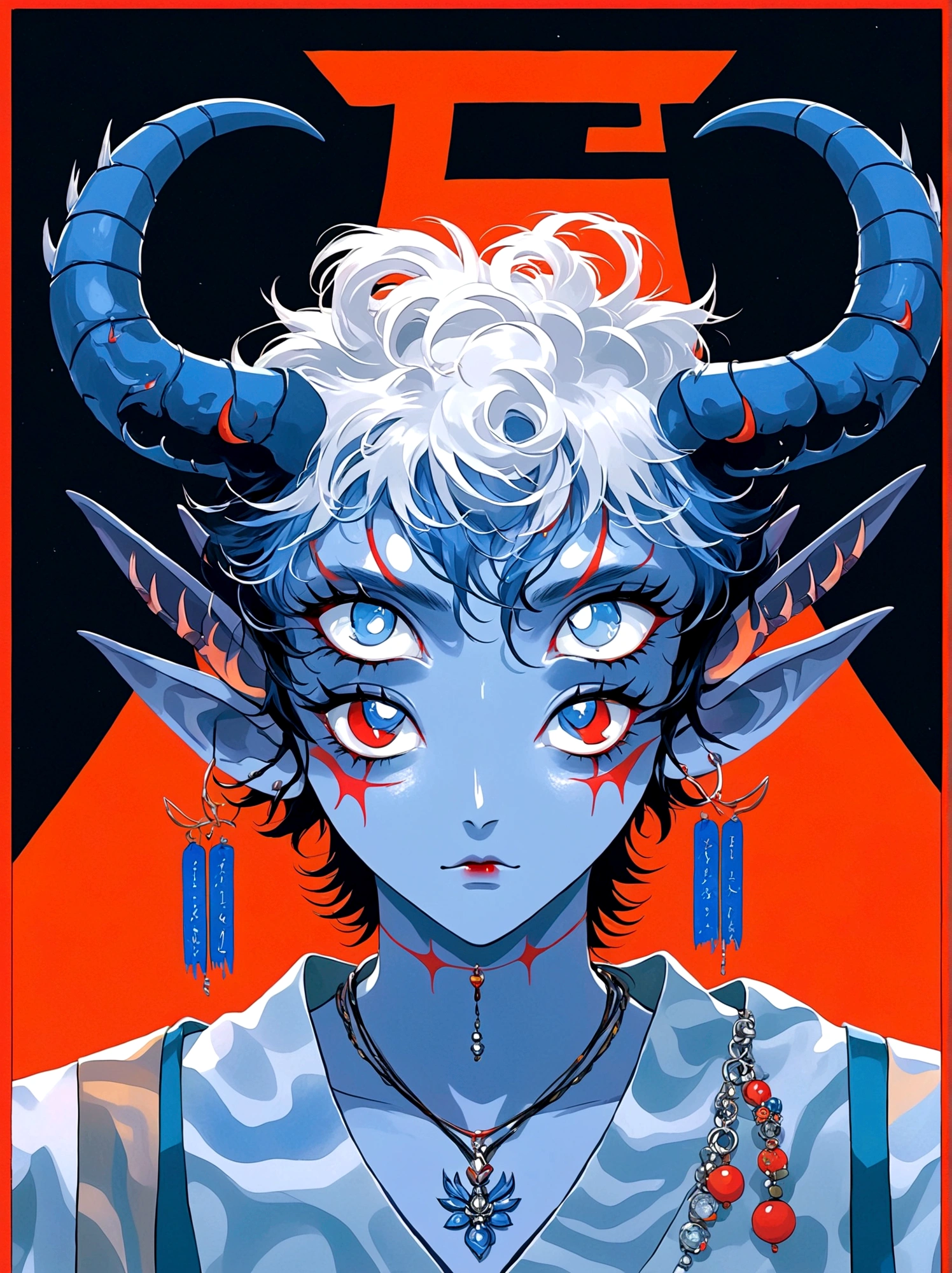 blue and orange，Elf Boy，With horns，earrings，Orange Eyes，Japanese horror style