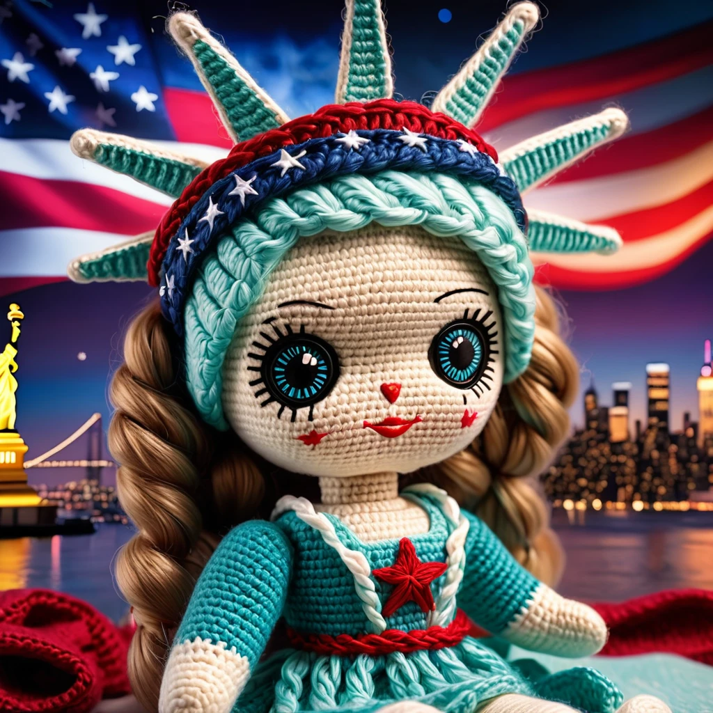 (voodoo doll crochet toy:1.7), (voodoo doll:1.3), (clothing: casual american clothing:1.0), (accessories: enchanted flag:1.1), (background: iconic Statue of Liberty with floating stars, glowing skyline and sparkling harbor:1.2), best quality, masterpiece, detailed soft oil painting, detailed background, dramatic cinematic lighting, soft edge lighting, professional, dramatic lighting, hard edge lighting, ultra quality, 4k, masterpiece, best quality, 8k, ultra high definition, high resolution, extremely detailed