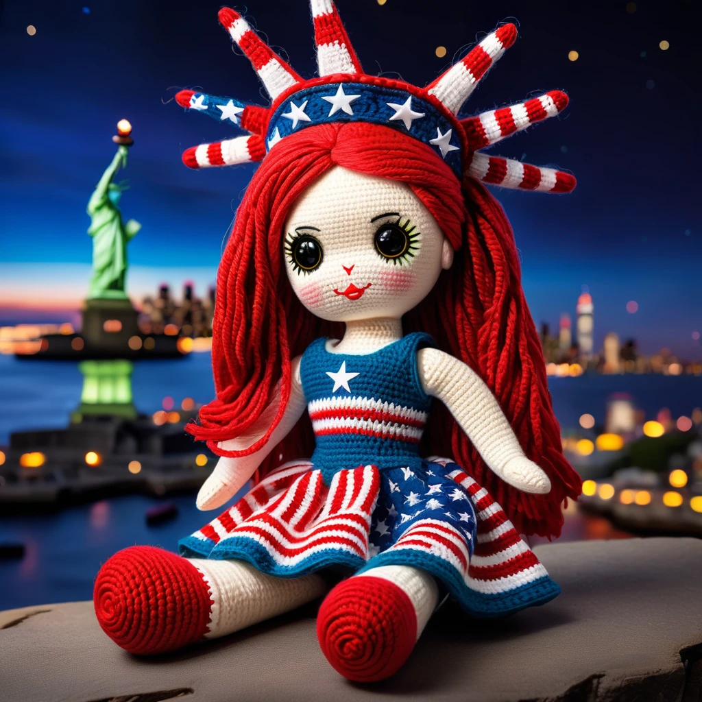 (voodoo doll crochet toy:1.7), (voodoo doll:1.3), (clothing: casual american clothing:1.0), (accessories: enchanted flag:1.1), (background: iconic Statue of Liberty with floating stars, glowing skyline and sparkling harbor:1.2), best quality, masterpiece, detailed soft oil painting, detailed background, dramatic cinematic lighting, soft edge lighting, professional, dramatic lighting, hard edge lighting, ultra quality, 4k, masterpiece, best quality, 8k, ultra high definition, high resolution, extremely detailed