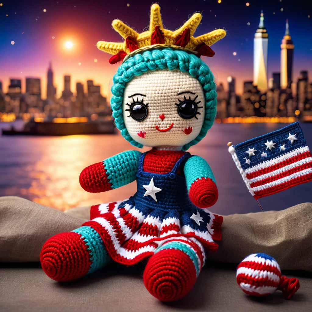 (voodoo doll crochet toy:1.7), (voodoo doll:1.3), (clothing: casual american clothing:1.0), (accessories: enchanted flag:1.1), (background: iconic Statue of Liberty with floating stars, glowing skyline and sparkling harbor:1.2), best quality, masterpiece, detailed soft oil painting, detailed background, dramatic cinematic lighting, soft edge lighting, professional, dramatic lighting, hard edge lighting, ultra quality, 4k, masterpiece, best quality, 8k, ultra high definition, high resolution, extremely detailed