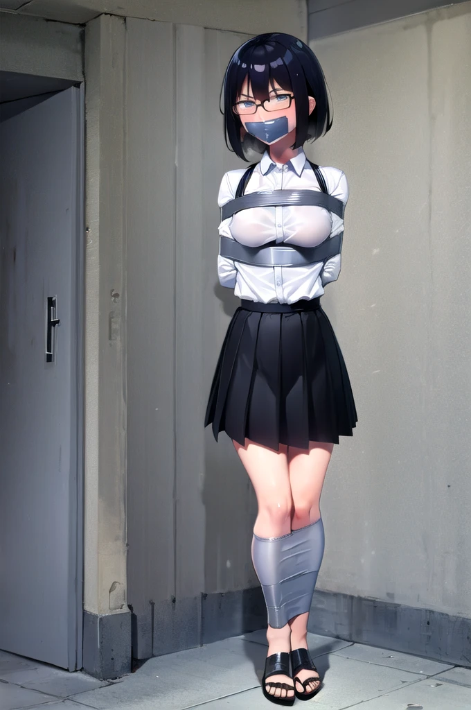 1 girl, short black hair, wearing glasses, improvised gag, tape gag, gagged, duct tape, tape bondage, bound arms, blush, rope tied up, highest quality, Best Anime, masterpiece, white shirt, gray skirt