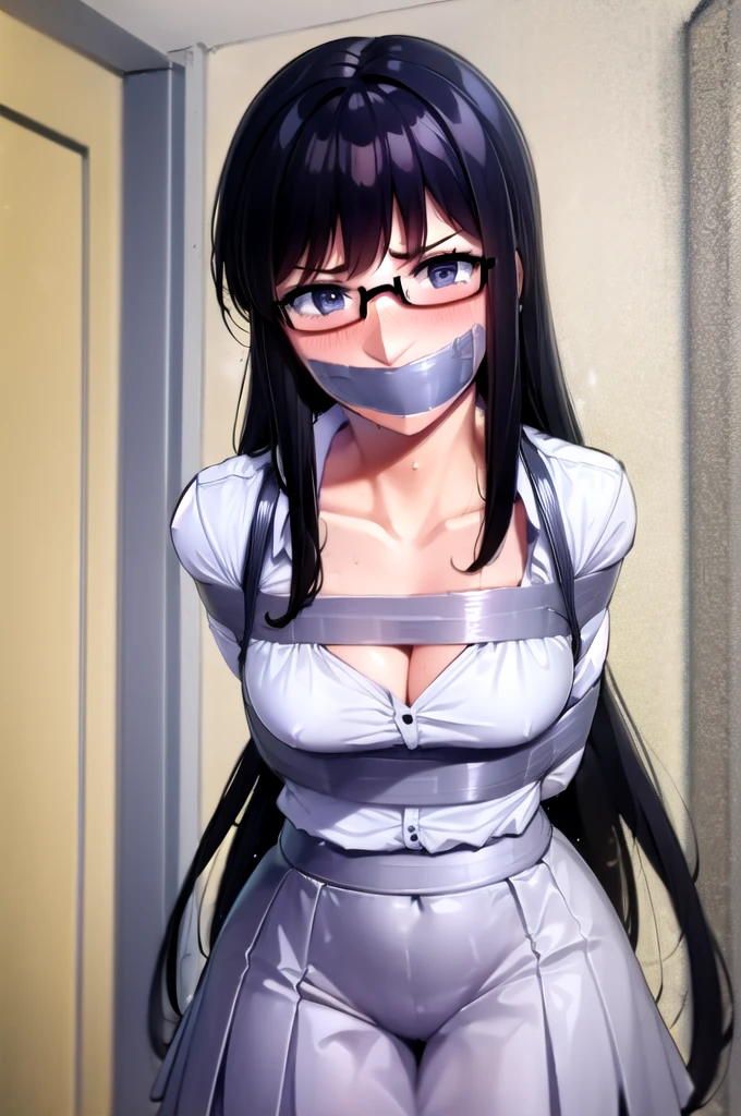 1 girl, short black hair, wearing glasses, improvised gag, tape gag, gagged, duct tape, tape , bound arms, blush, rope tied upst quality, Best Anime, masterpiece, white shirt, gray skirt
