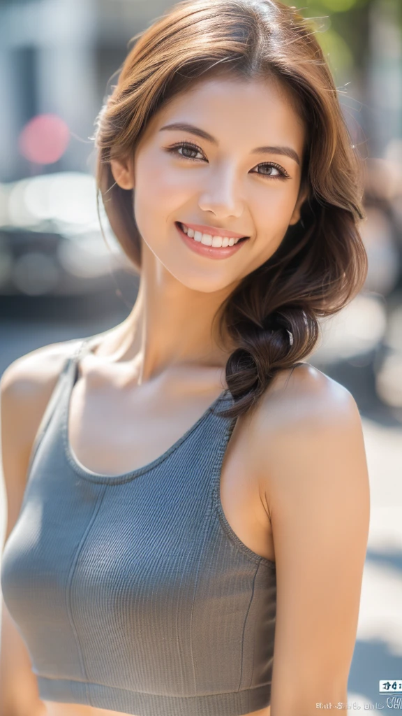 ((Highest quality, 8K, masterpiece :1.3)), Sharp focus:1.2, Perfect Body Beauty:1.4, Slim Abs:1.2, ((Layered Hairstyles, smile with closed lips:1.2)), (Tank top shirt:1.1), (street:1.2), Highly detailed face and skin texture, Beautiful Eyes, double eyelid