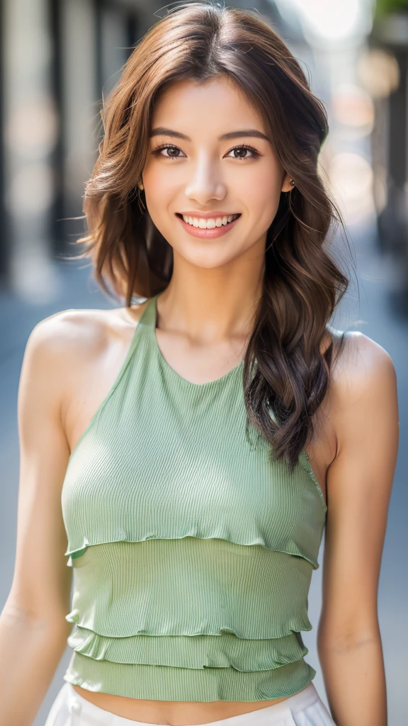 ((Highest quality, 8K, masterpiece :1.3)), Sharp focus:1.2, Perfect Body Beauty:1.4, Slim Abs:1.2, ((Layered Hairstyles, smile with closed lips:1.2)), (Tank top shirt:1.1), (street:1.2), Highly detailed face and skin texture, Beautiful Eyes, double eyelid