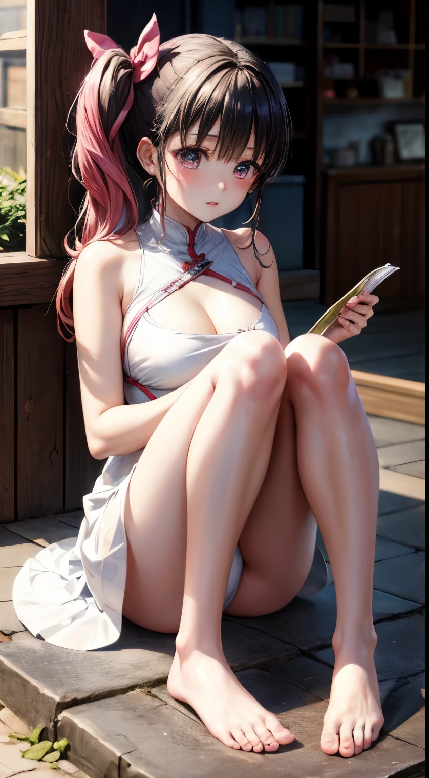 Literary masterpieces、Highest quality、Asuna\(performer\)、One Girl、Armature、Bare shoulders、Blushed、breastplate、Pink Eyes、Pink Hair、dress、Luxury Swimwear、Lambent Light、Long Hair、Observe your audience、金色のribbon、ribbon、sheath、非常にLong Hairの白い鎧、白いdress ponytail hairy hair、Full body angle up to the toes、