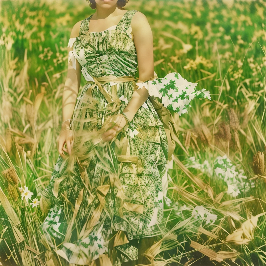 there is a woman in a dress standing in a field, damaged photo, grainy damaged photo, unknown location, archival pigment print, expired burned film from 1930s, photographed on damaged film, lost photo, photographic still, lost photograph, low quality photograph, collodion photograph, very old photo, old color photograph, unknown artist, very known photo