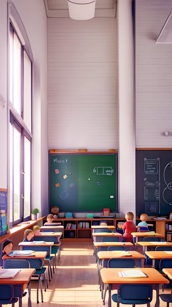 a classroom, a classroom interior, chalkboard, desks, students, teacher, books, backpacks, pencils, chalk, sunlight, high ceiling, large windows, wood floor, school supplies, focused students, chalk dust, learning, education, academic, knowledge, white walls, blackboard, classroom chairs