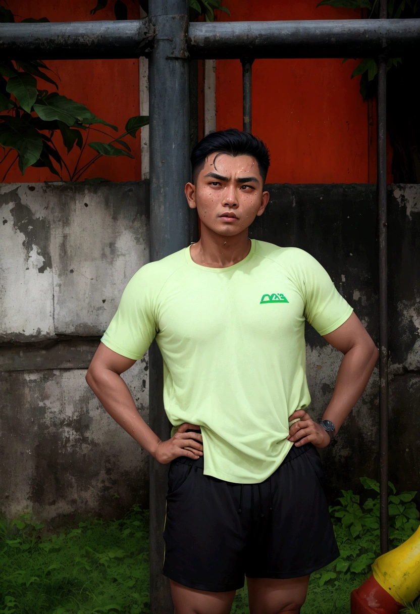 there is a man standing in front of a fence with his hands on his hips, ramil sunga, nivanh chanthara, mohamed chahin, mid shot portrait, johnatan wayshak, sweating, potrait, kakar cheung, protrait, profile shot, south east asian with round face, portait image, sweat