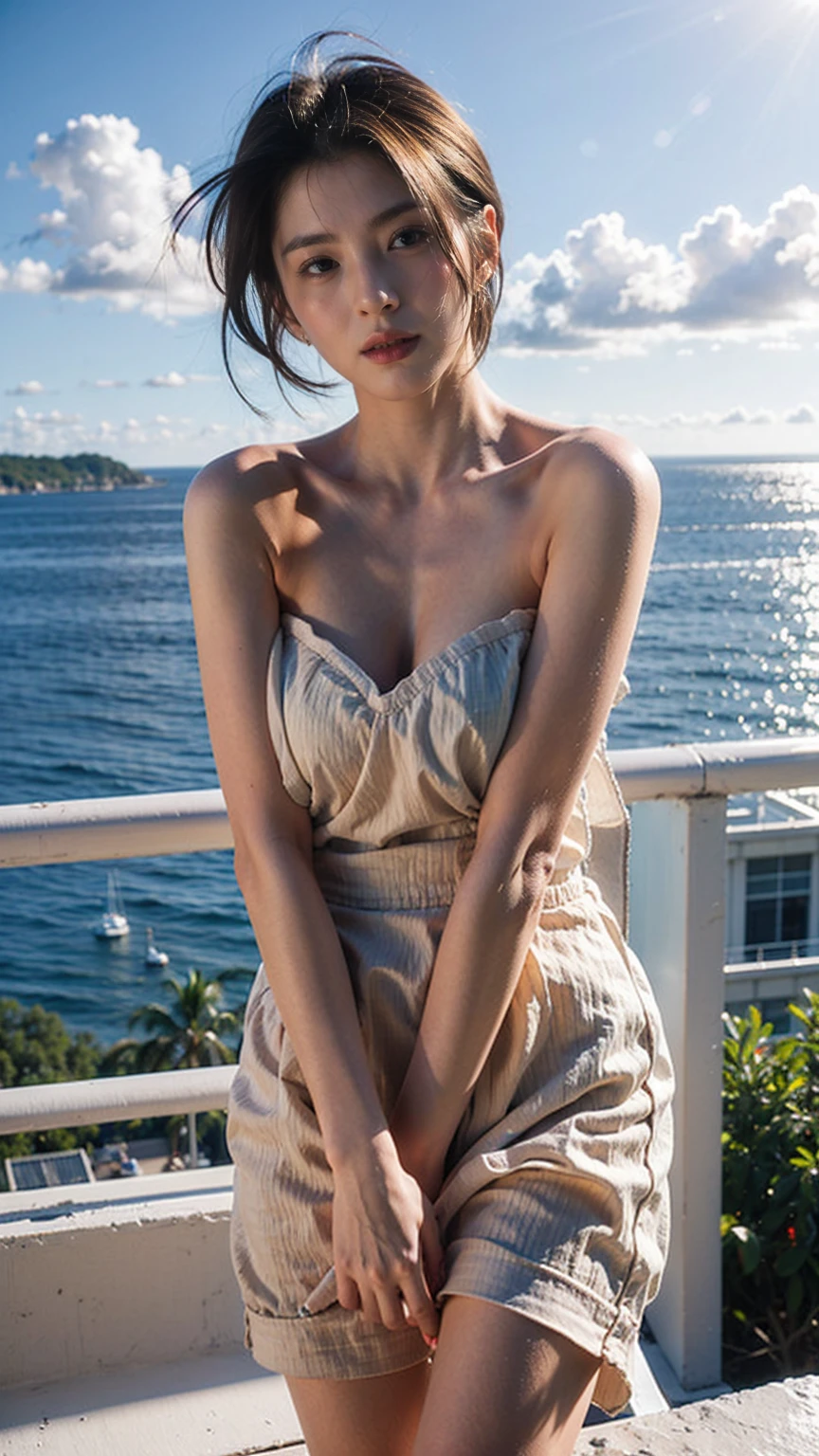top-quality、beautiful female、Superb view、on a cliff、nude photography、naked portrait 、huge tit、The wind is blowing, short hair