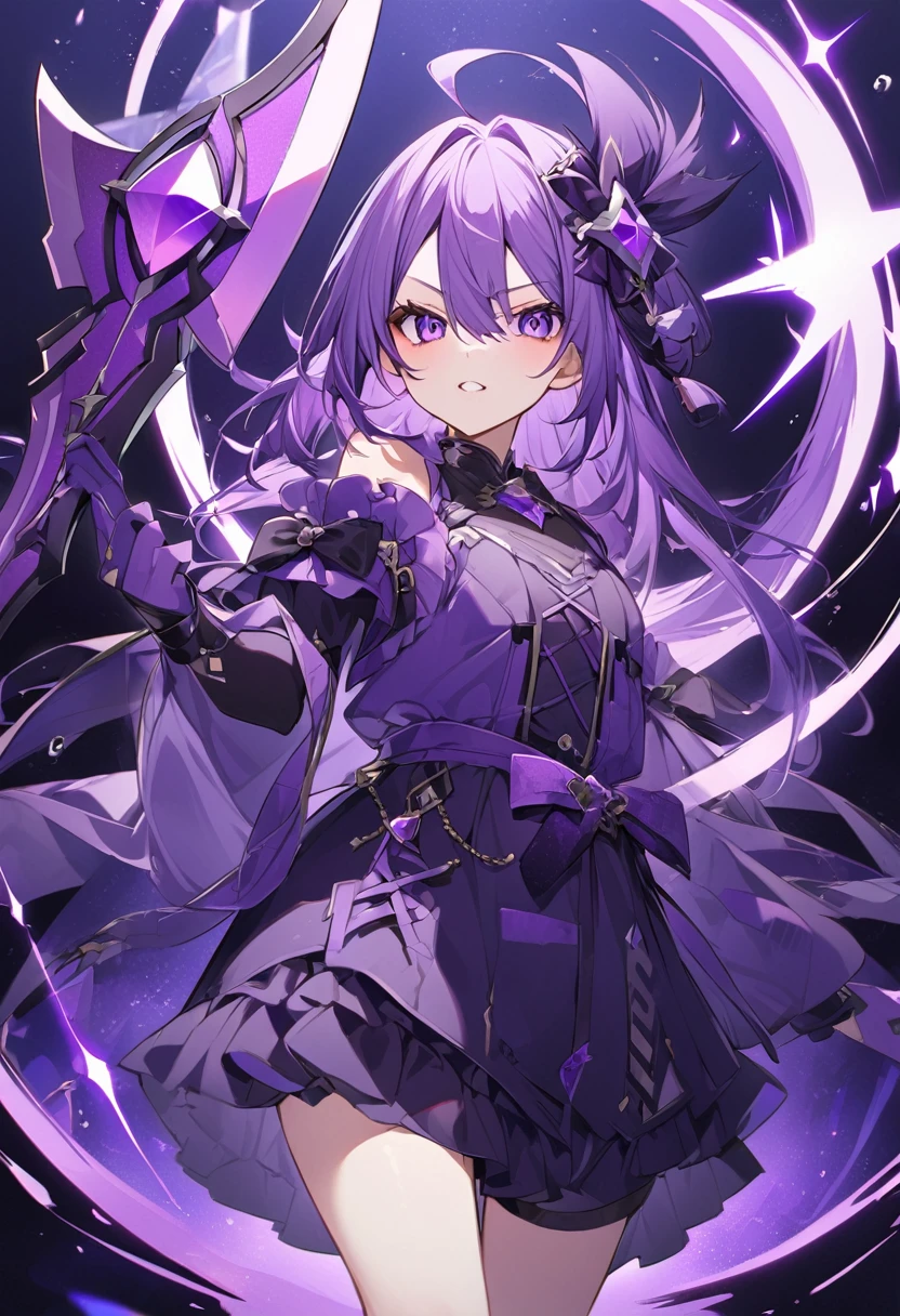 Keito。Purple Eyes。Purple Hair。Purple big axe。Amethyst hair accessory