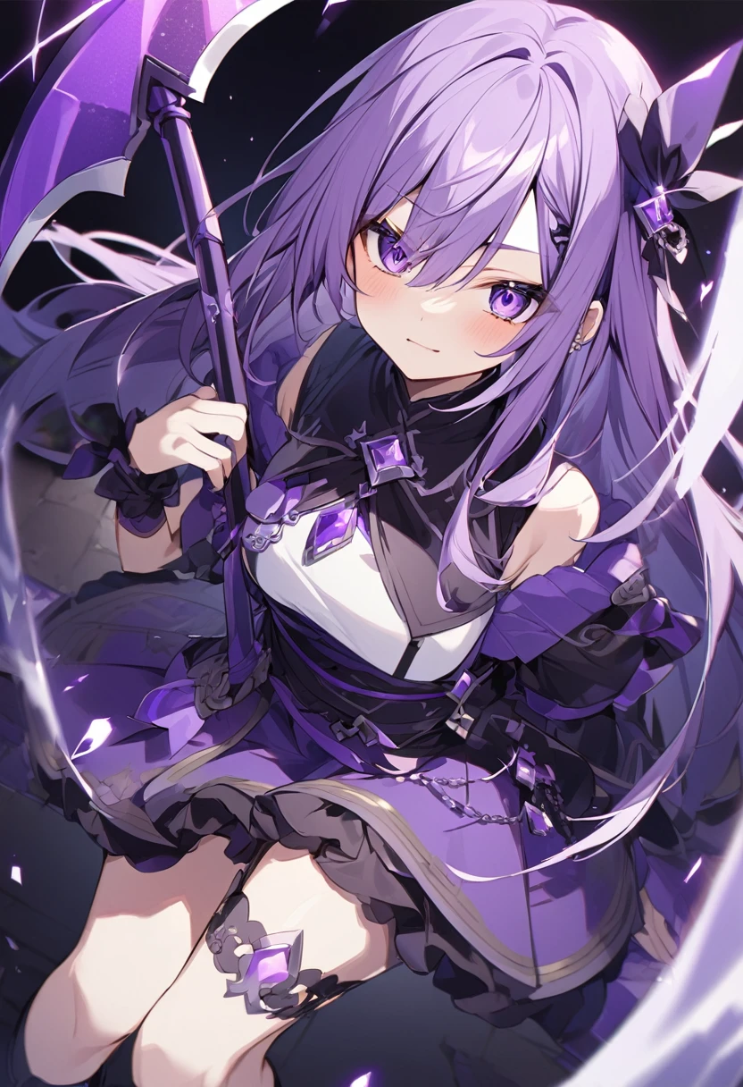 Keito。Purple Eyes。Purple Hair。Purple big axe。Amethyst hair accessory