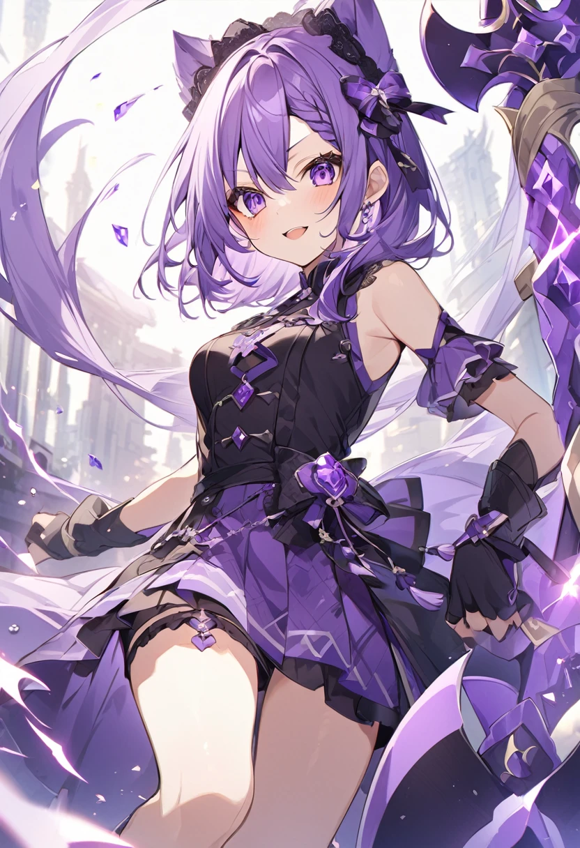 Keito。Purple Eyes。Purple Hair。Purple big axe。Amethyst hair accessory