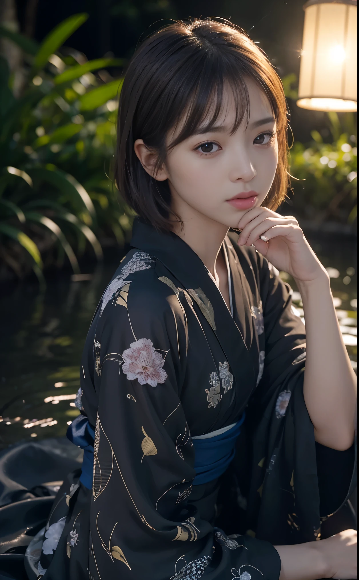 1girl,Very small light,river,outside,Fantastic scenery with many fireflies in the river,A firefly rides in the palm of a beautiful woman's hand with its beautiful light,Firefly light is green:1.4 ,Beautiful women in kimono,moonlight at night:1.5,Jet blackness:1.3(midnight:1.4),(total darkness:1.5),
(Numerous Very small light floating in the sky:1.3),Cute 21 year old Japanese、Ultra-detailed face、An eye for detail、double eyelid、Beautiful thin nose、Sharp Focus:1.2、Beauty:1.4、(Light brown hair、short hair、Highest quality、illumination、Impressive、Ultra-high resolution、(Photorealistic:1.4)、