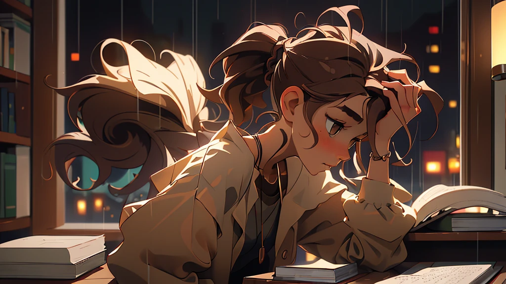 (masterpiece, best quality), 1 woman seen in the distance, wavy hair, side view, blurry, upper body, necklace, desk, book, ponytail, , brown hair, rainy window, "A wide landscape with a small person standing in the distance"