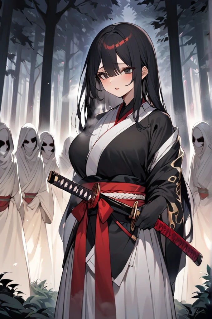Japanese woman With the mouth cut on each side, deep black eyes, defined with large breasts, long black hair with red highlights, dressed only in sashes, holding a katana, Forest of souls background with several bodies pressed against the trees, smell of fog,
