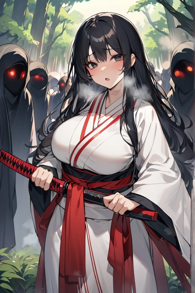 Japanese woman With the mouth cut on each side, deep black eyes, defined with large breasts, long black hair with red highlights, dressed only in sashes, holding a katana, Forest of souls background with several bodies pressed against the trees, smell of fog,