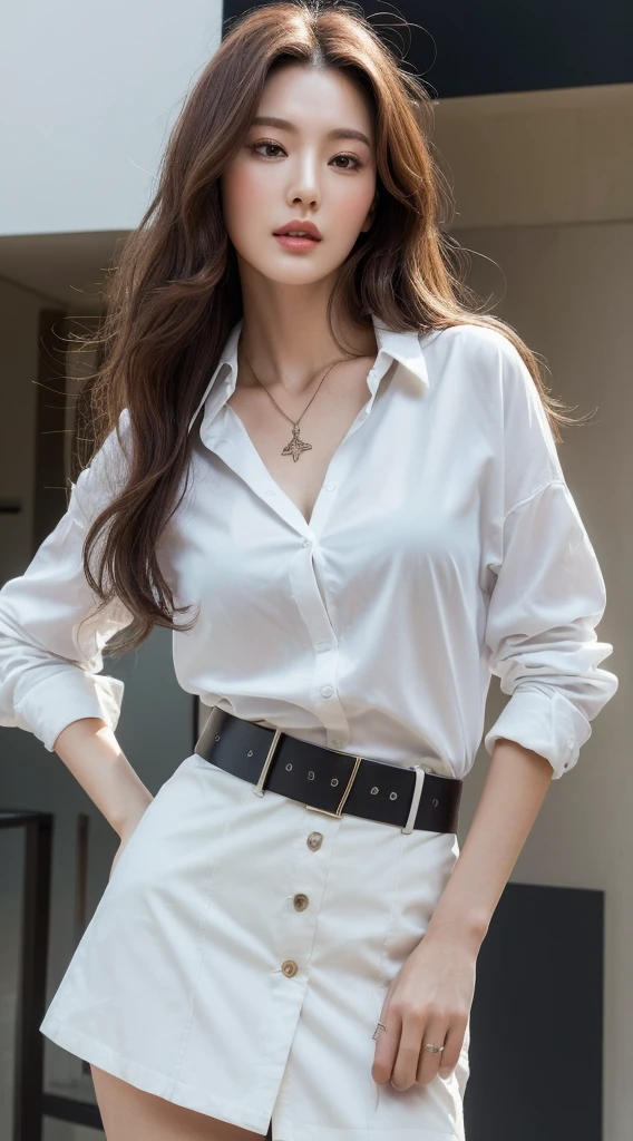 (Best quality, High resolution, Masterpiece :1.3), A tall and pretty woman, Slender abs, Dark brown hair styled in loose waves, Breasts, Wearing pendant, White button up shirt, Belt, Black skirt, (Modern architecture in background), Details exquisitely rendered in the face and skin texture, Detailed eyes, Double eyelid