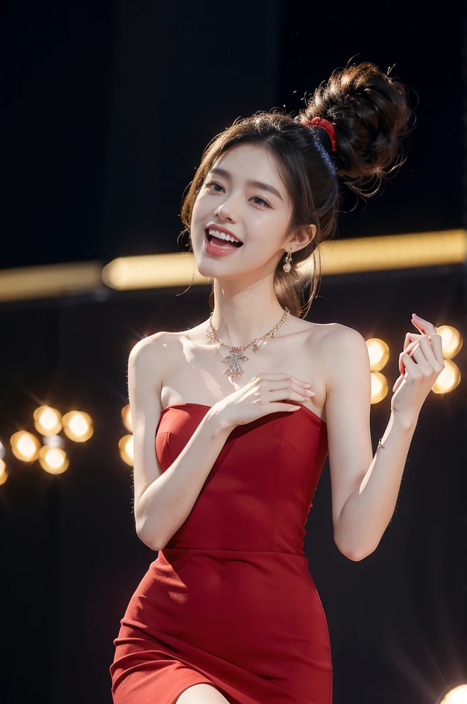 (((best quality))),(((ultra detailed))),(((masterpiece))),illustration, 1girl,singer,solo,short ponytail,open mouth,laughing,slim,thin,flat chest,small breasts,earrings,necklace,Maxi gorgeous sparkled red gown,slender legs,on the stage, performance, passion, confidence, elegance, lighting effects, decorations, audience, melodious voice, beautiful appearance, captivating performance,standing,upper body,from front